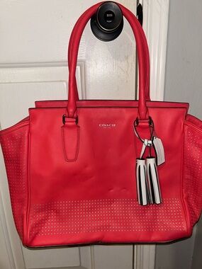 Vintage Coach Legacy Coral Leather Tote with Contrast Tassel Charm